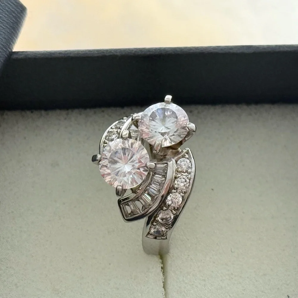 Platinum Dual Lab diamonds Swirl Ring — Pavel Silver lab diamond Accents size 6 - Picture 3 of 5